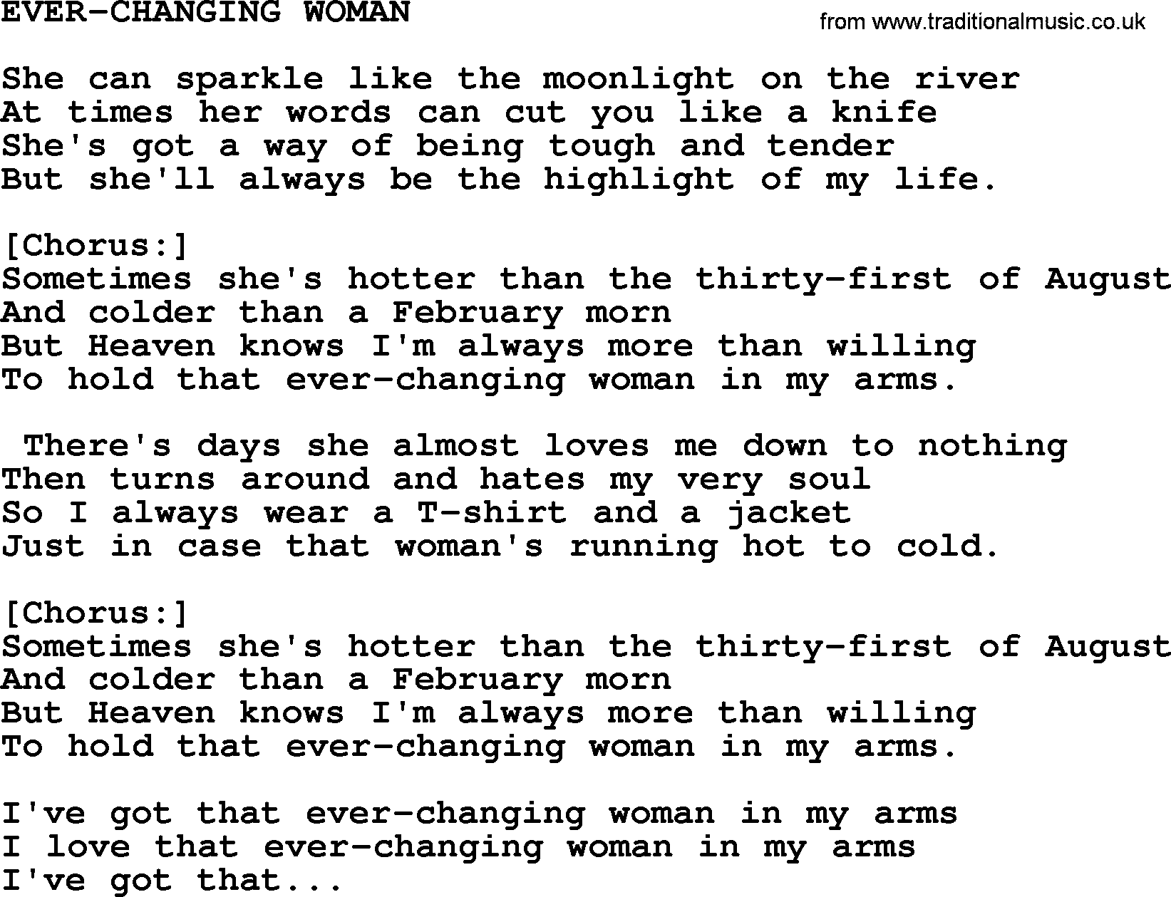 Merle Haggard song: Ever-changing Woman, lyrics.